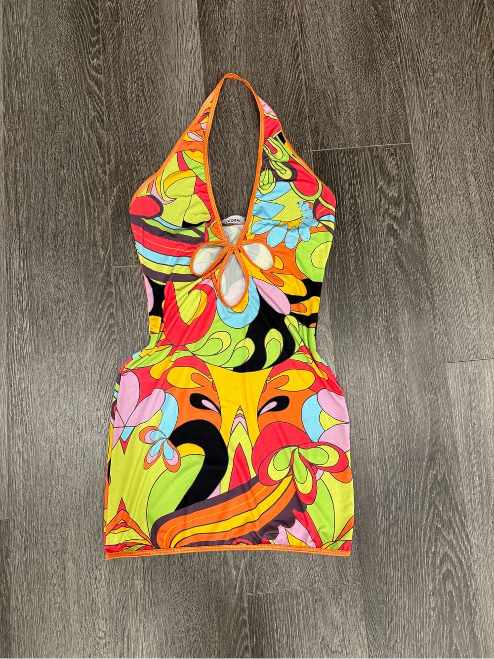 Jaded London Neon Floral Halter Mini Dress in Orange, Yellow, Pink & Black